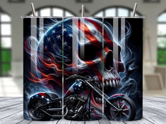 American Flag Skull Motorcycle Tumbler: Bold Design for Custom Creators