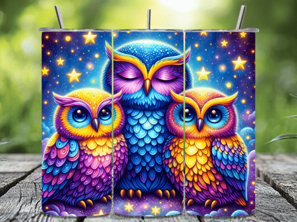 Colorful Galaxy Owls Tumbler Wrap: A Cosmic Design Asset