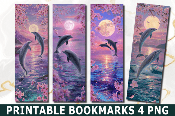 Dolphin Ocean Cherry Blossom Bookmarks: Artistic PNG Designs