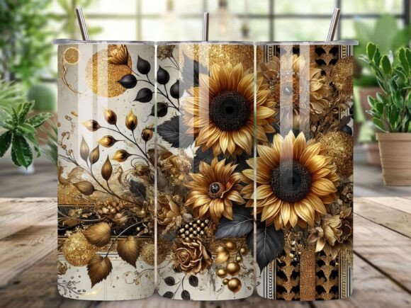 Elegant Gold Sunflower Skinny Tumbler: A Design Asset for Creators