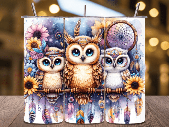 Enchanting Baby Owls Dreamcatcher Sunflower Tumbler Design