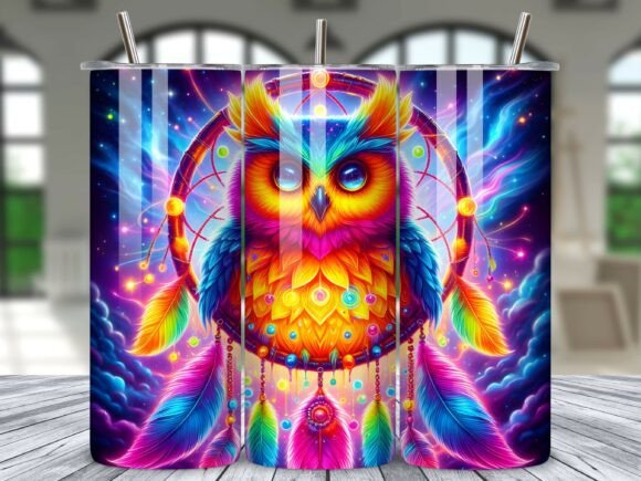Enchanting Night Skies: The Rainbow Owl Dreamcatcher Tumbler Wrap