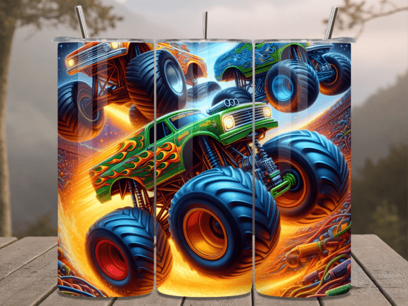 Flaming Monster Truck Jump Tumbler Wrap: Ignite Your Drinkware Designs