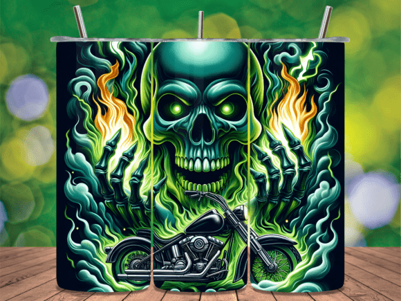 Green Skull Motorcycle 20oz Tumbler Wrap: Edgy Sublimation Design
