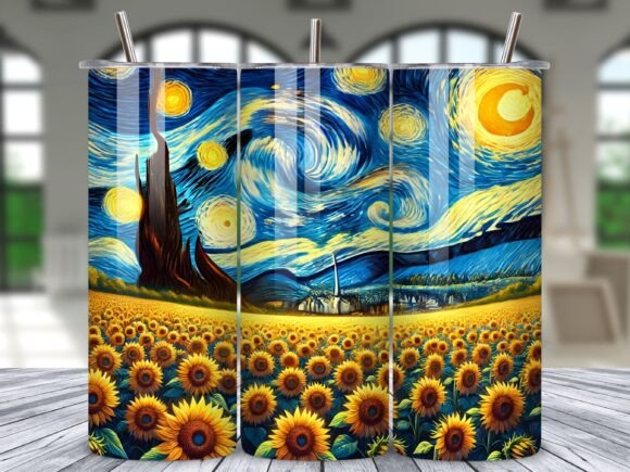 Starry Night Sunflower Field Tumbler PNG: A Design Asset for Your Business