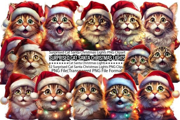 Surprised Cat Santa Christmas Lights PNG: A Festive Design Essential